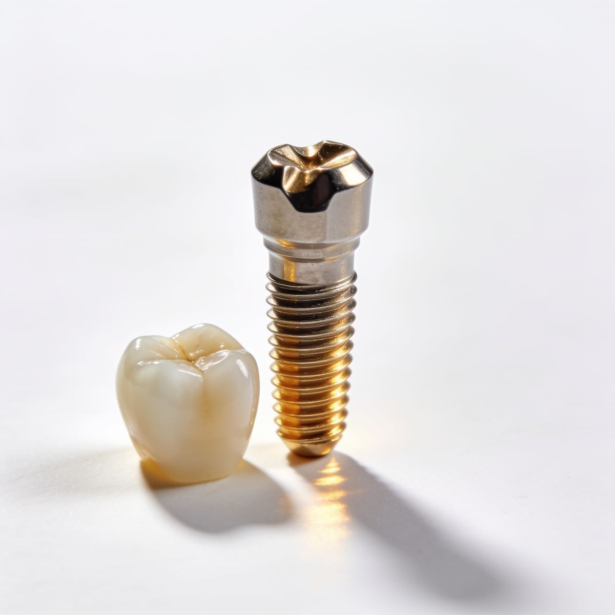 Implante dental de titanio junto a una corona de porcelana