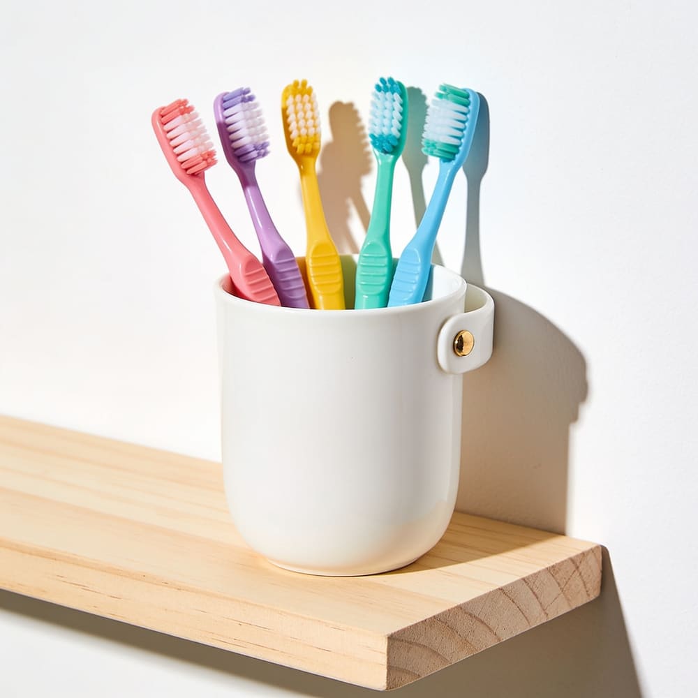 Cepillos de dientes infantiles de colores en un vaso de cerámica